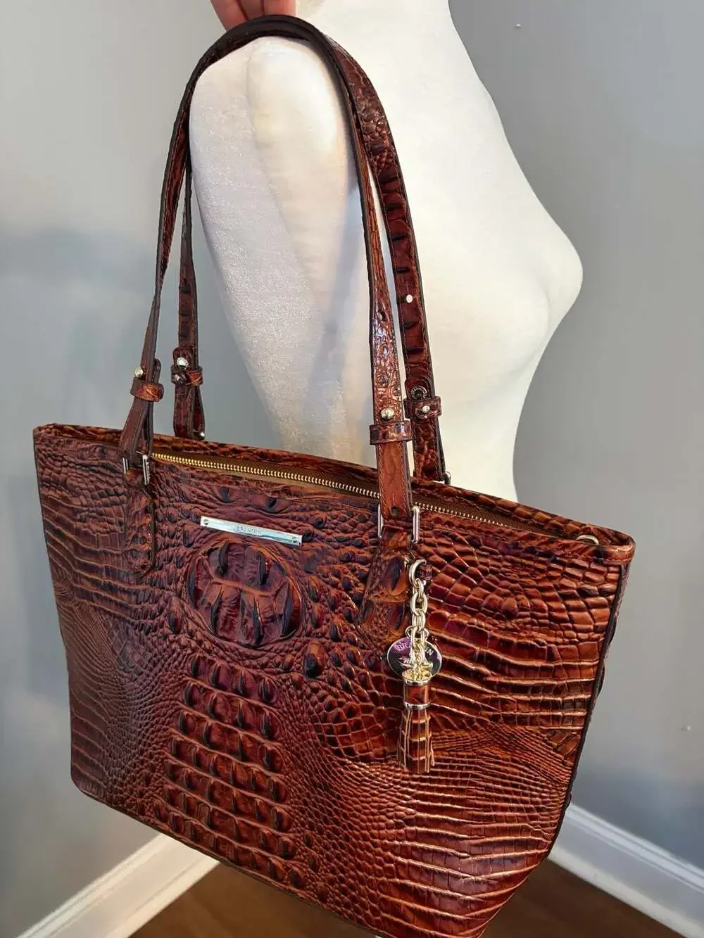 Brahmin Medium Asher Tote Bag in Pecan Crocodile-Embossed Leather